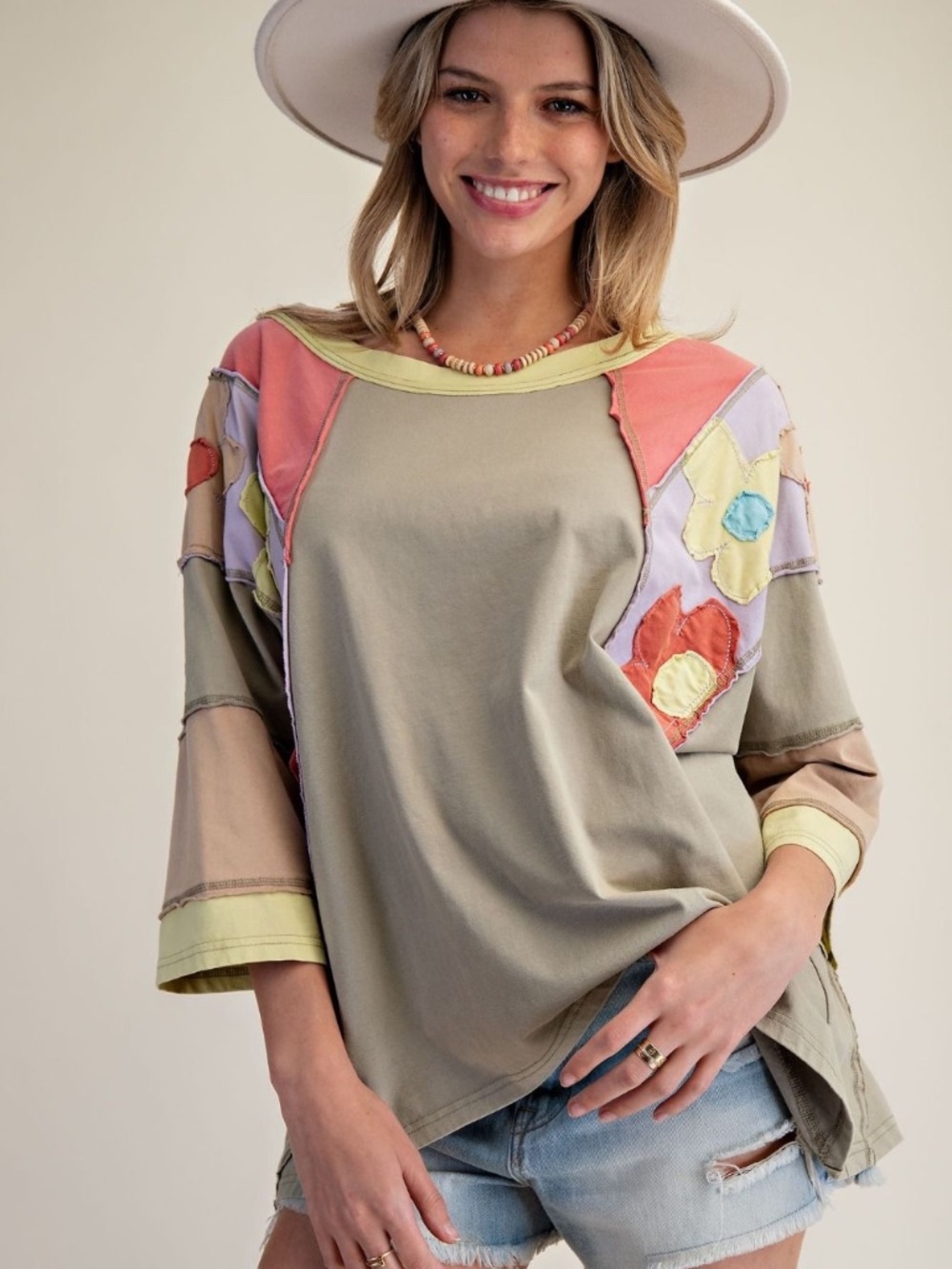 NEW EASEL PATCHWORK DAISY FLORAL DETAILING MINERAL WASHED TOP SHIRT PULLOVER - Picture 6 of 10